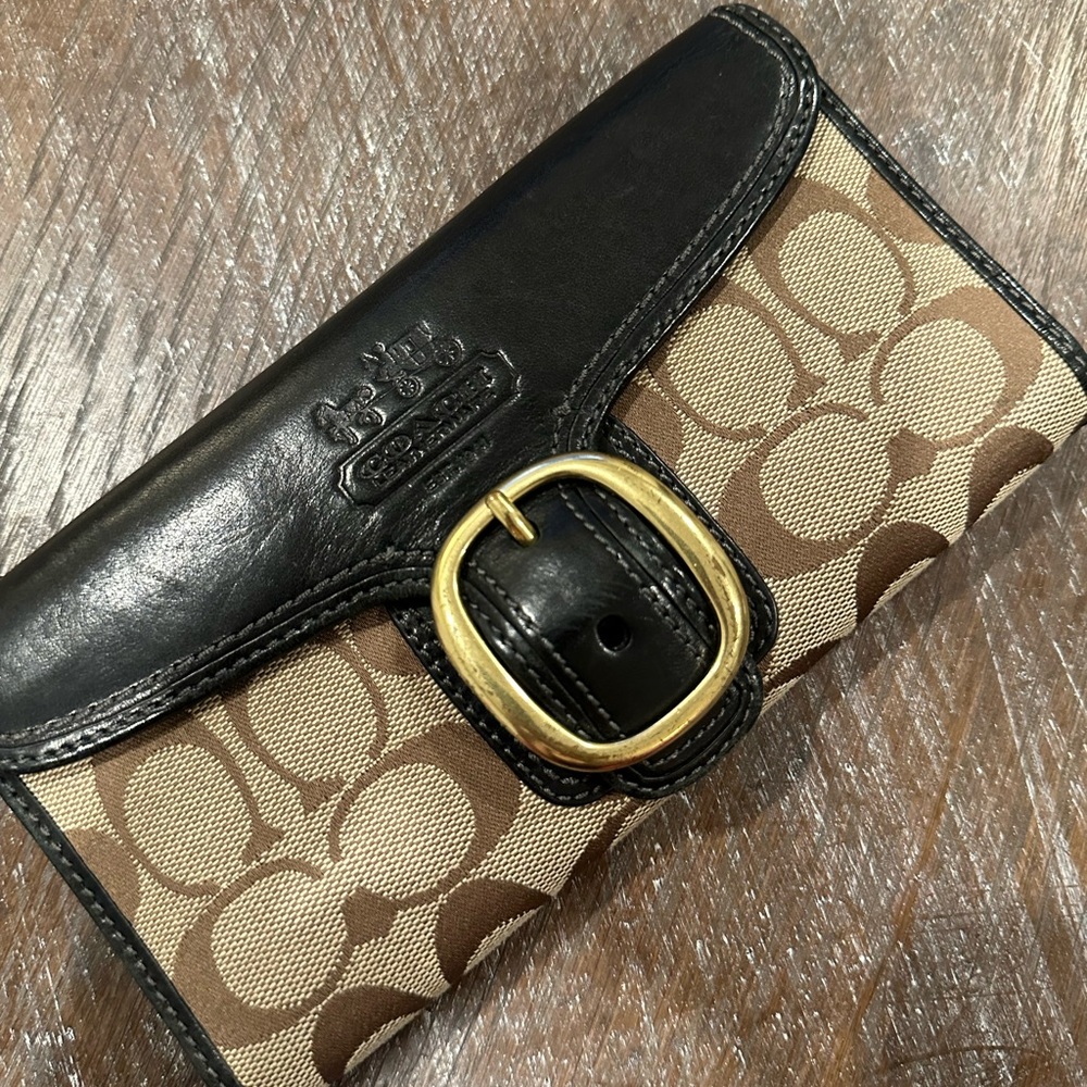 Vintage Coach Bleecker Leather Canvas Buckle Checkbook Trifold Wallet